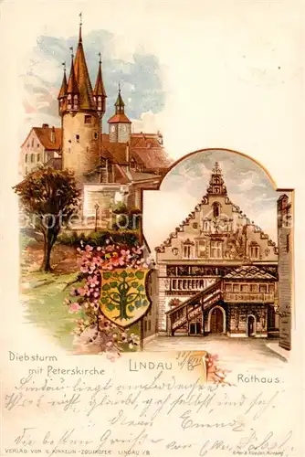 AK / Ansichtskarte 73803358 Lindau_Bodensee Diebsturm mit Peterskirche Rathaus Lindau Bodensee