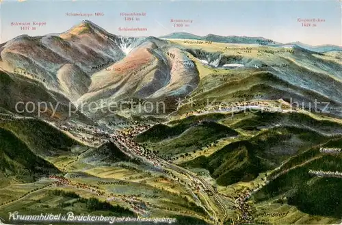 AK / Ansichtskarte 73805869 Krummhuebel_Karpacz_Riesengebirge_PL und Brueckenberg mit Riesengebirge Vogelschaukarte 