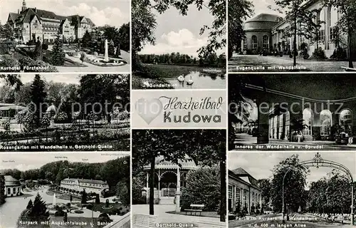 AK / Ansichtskarte 73806680 Bad_Kudowa_Kudowa-Zdroj_Niederschlesien_PL Kurhotel Fuerstenhof Rosengarten Wandelhalle Quelle Kurpark Schloss Gondelteich Sprudel Allee 