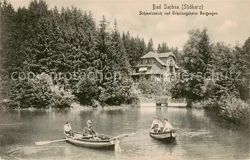 AK / Ansichtskarte 73807619 Bad_Sachsa_Harz Schmelzteich und Erholungsheim Bergsegen Ruderboote Bad_Sachsa_Harz