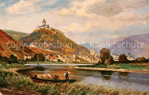 AK / Ansichtskarte 73807861 Cochem_Kochem_Mosel Uferpartie am Fluss Kahn Blick zur Burg Kuenstlerkarte 