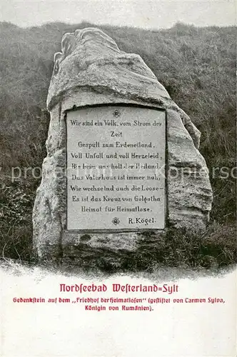 AK / Ansichtskarte 73809117 Westerland_Sylt Gedenkstein auf dem Friedhof der Heimatlosen Westerland_Sylt