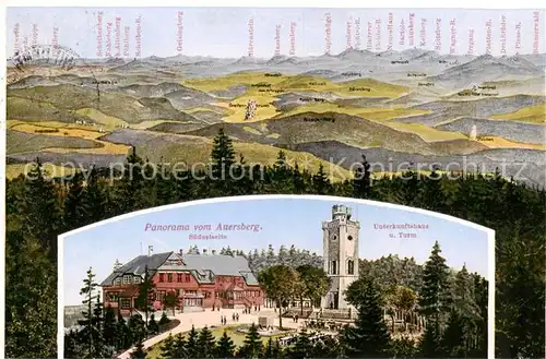 AK / Ansichtskarte 73809443 Auersberg_Wildenthal_Erzgebirge Panorama Suedostseite Unterkunftshaus und Turm 