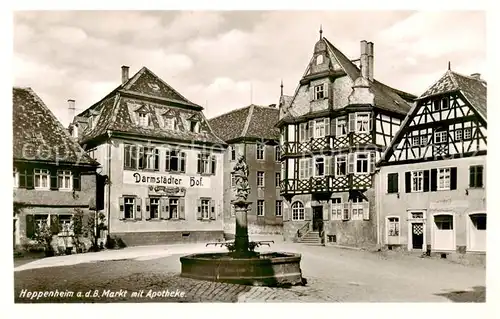 AK / Ansichtskarte 73809558 Heppenheim_Bergstrasse Marktplatz mit Brunnen und Apotheke Heppenheim_Bergstrasse