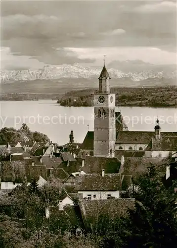 AK / Ansichtskarte 73811038 ueberlingen_Bodensee Ansicht mit Kirche Blick gegen Saentis ueberlingen Bodensee