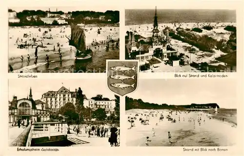 AK / Ansichtskarte Heringsdorf__Ostseebad_Usedom Strandleben Strandblick mit Kolonnaden Erholungsheim Solidaritaet Blick nach Bansin 