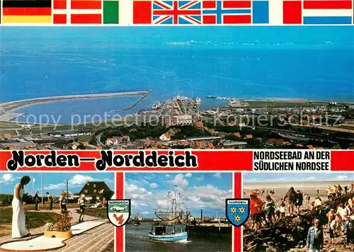 AK / Ansichtskarte 73812667 Norden_Norddeich_Nordseebad Fliegeraufnahme Minigolf Fischkutter Strand 