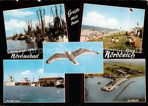 AK / Ansichtskarte 73812832 Norddeich__Norden_Nordseebad Fischerboote im Hafen Strand An der Mole Fliegeraufnahme 