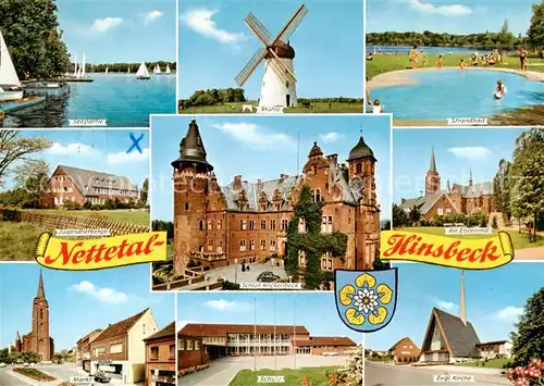 AK / Ansichtskarte 73813269 Hinsbeck Seepartie Muehle Strandbad Jugendherberge Schloss Krickenbeck Am Ehrenmal Markt Schule Ev Kirche Hinsbeck