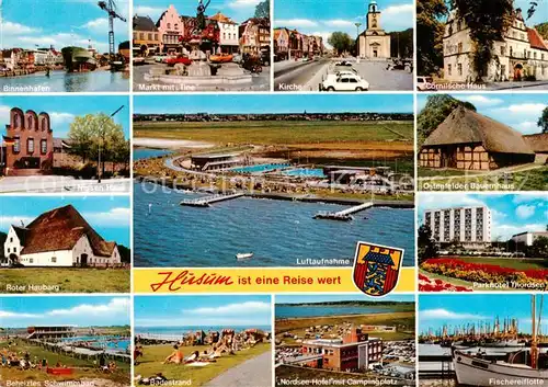 AK / Ansichtskarte 73813404 Husum__Nordfriesland Binnenhafen Markt Kirche Cornelsche Haus Nissen Haus Roter Hauberg Schwimmbad Badestrand Nordseehotel Fliegeraufnahme Parkhotel Thordsen Fischereiflotte 