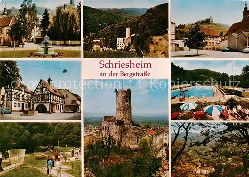 AK / Ansichtskarte 73813408 Schriesheim Strahlenburg Fliegeraufnahme Altstadt mit Marktbrunnen Minigolfplatz Schwimmbad Schriesheim