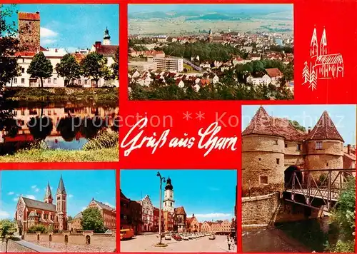 AK / Ansichtskarte 73813818 Cham__Oberpfalz Panorama Kirche Schloss Eingang Bruecke 