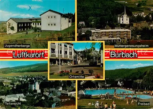 AK / Ansichtskarte 73813970 Burbach_Siegerland Jugendherberge Muettergenesungsheim Freibad Ortsmitte Ansicht mit Kirche Burbach_Siegerland