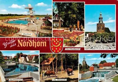 AK / Ansichtskarte 73814340 Nordhorn Freibad Im Stadtpark Reformierte Kirche Vechtepartie Tierpark Neues Wehr Nordhorn