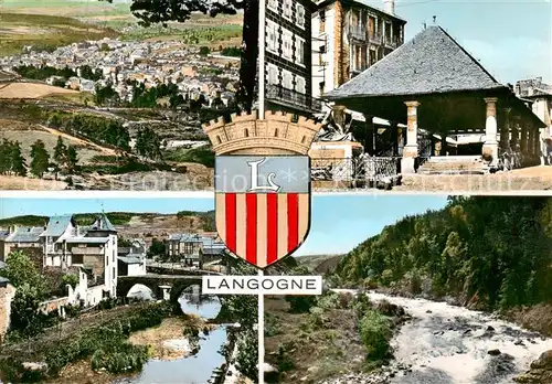 AK / Ansichtskarte  Langogne Vue Generale Monument aux Morts et les Halles Le Pont Vieux Rives d'Allier Langogne