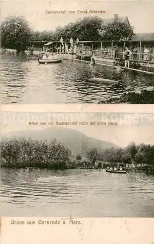 AK / Ansichtskarte 73822342 Gernrode_Harz Badeanstalt von Ernst Schrader Blick von der Badeanstalt nach der alten Burg Gernrode Harz