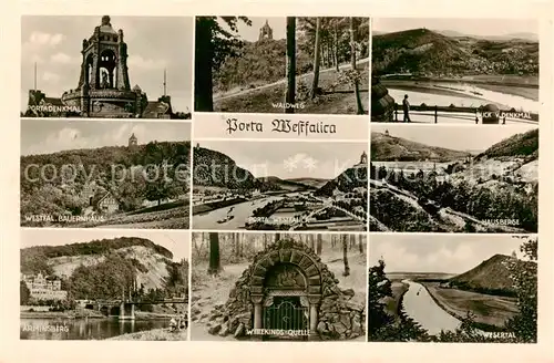 AK / Ansichtskarte 73828846 Porta_Westfalica Portadenkmal Waldweg Blick vom Denkmal Westfael Bauernhaus Porta Westfalica Hausberge Arminsberg Wittekinds Quelle Wesertal Porta_Westfalica