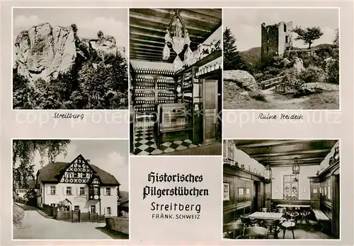 AK / Ansichtskarte 73829108 Streitberg_Oberfranken Streitburg Ruine Neideck Alte Kurhausbrennerei Hans Hertlein Gaststube Streitberg Oberfranken