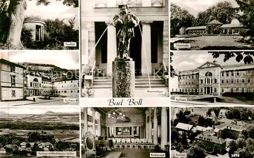 AK / Ansichtskarte Bad_Boll Pavillon Kurhaus mit Rechberg und Stuifen Brunnenfigur Kirchensaal Liegehalle  Bad_Boll