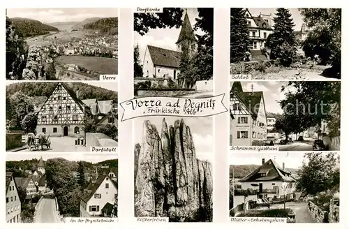 AK / Ansichtskarte Vorra_Oberfranken Panorama Dorfidyll Pegnitzbruecke Kirche Rufflerfelsen Schloss Schramma Gasthaus Muetter Erholungsheim Vorra Oberfranken