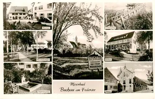 AK / Ansichtskarte 73830261 Bad_Buchau_Federsee Moorhof Moorbadanlagen Delphinbrunnen Kirche Landungssteg Kurhaus Rathaus Bad_Buchau_Federsee