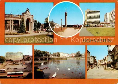 AK / Ansichtskarte 73830441 Schwerin__Mecklenburg Schloss Burggarten Fernsehturm Hochhausgruppe Hotel Stadt Schwerin Schweriner See Hermann Matern Strasse 