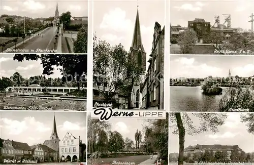 AK / Ansichtskarte Werne__Lippe_Muenster_Westfalen Steinstrasse Kirche Sole Freibad Markt Parkanlagen Zeche Stadtpark Hospital 