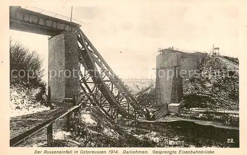 AK / Ansichtskarte Darkehmen_Angerapp_Osjorsk_Oblast_Kaliningrad_RU Gesprengte Eisenbahnbruecke Russeneinfall in Ostpreussen 1914 