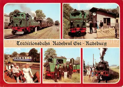 AK / Ansichtskarte Radebeul Bahnhof Radeburg Haltepunkt Weisses Ross Faehrgaeste im Aussichtswagen Lok mit Zugpersonal und Fahrgaeten Fotohalt in Friedewald Radebeul