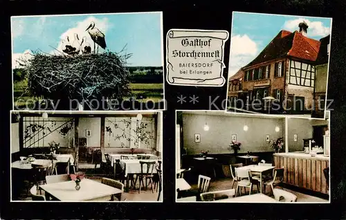 AK / Ansichtskarte 73833136 Baiersdorf_Mittelfranken Storchennest mit Jungen Gasthof Storchennest Gastraeume Baiersdorf Mittelfranken