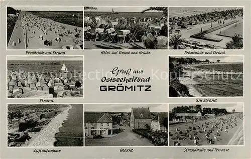 AK / Ansichtskarte 73833142 Groemitz_Ostseebad Promenade Strand Bruecke Fliegeraufnahme Markt Strandhalle und Terrasse Groemitz_Ostseebad