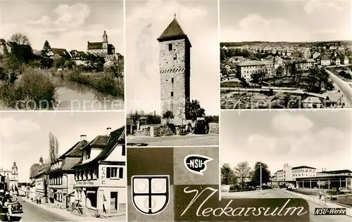 AK / Ansichtskarte 73833212 Neckarsulm Panorama Turm Strassenpartie NSU Werke Neckarsulm