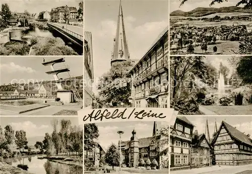 AK / Ansichtskarte Alfeld_Leine Teilansichten Kirche Bruecke Schwimmbad Panorama Sprudel Fachwerkhaeuser Alfeld_Leine