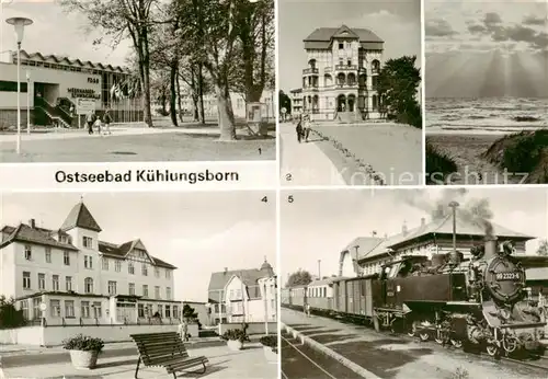 AK / Ansichtskarte Kuehlungsborn_Ostseebad FDGB Meerwasserschwimmhalle FDGB Erholungsheim Schloss am Meer Am Strand FDGB Cafe Jochen Weigert Molli auf dem Bahnhof Kuehlungsborn West Kuehlungsborn_Ostseebad