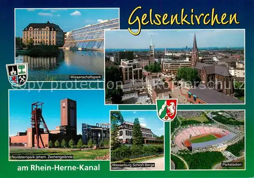 AK / Ansichtskarte Gelsenkirchen Wissenschaftspark Panorama Nordsternpark Waserburg Schloss Berge Parkstadion Gelsenkirchen