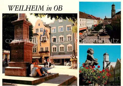 AK / Ansichtskarte Weilheim_Oberbayern Denkmal Strassenpartie Brunnen Kirche Weilheim Oberbayern