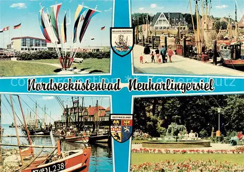 AK / Ansichtskarte 73836134 Neuharlingersiel Nordseekuestenbad Kurhaus Fahnen Kutterhafen Kurpark Neuharlingersiel