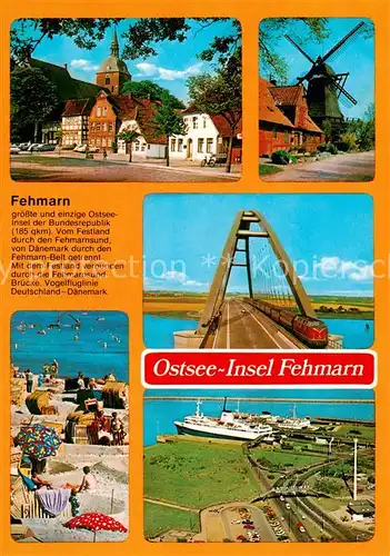 AK / Ansichtskarte 73836169 Insel_Fehmarn Ortsmotiv mit Kirche Windmuehle Fehmarnsundbruecke Strand Hafen Luftbild Insel Fehmarn