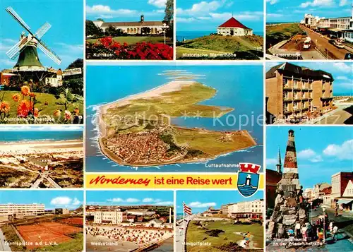 AK / Ansichtskarte Norderney_Nordseebad Teestube Muehle Kurhaus Marienhoehe Kaiserstrasse Duenen Fliegeraufnahme Apparthaus am Meer Tennisplaetze Weststrand Minigolf Staedtedenkmal Norderney_Nordseebad