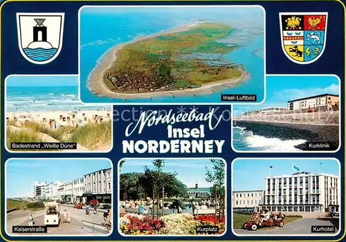 AK / Ansichtskarte Norderney_Nordseebad Badestrand Weisse Duene Fliegeraufnahme Kurklinik Kaiserstrasse Kurplatz Kurhotel Norderney_Nordseebad