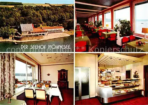 AK / Ansichtskarte 73838106 Guenne_Moehnesee Restaurant Cafe Der Seehof Fliegeraufnahme Gastraeume Kuchentheke Guenne Moehnesee