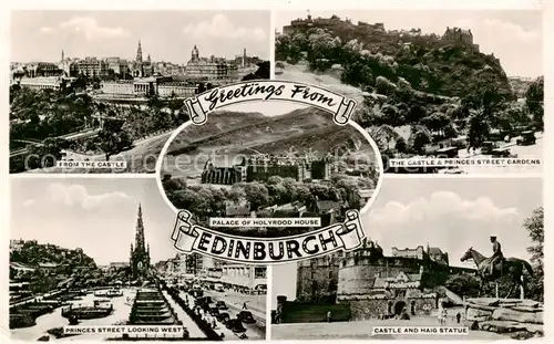 AK / Ansichtskarte Edinburgh__Scotland_UK From the Castle Palace of Holyrood House Princess Street Gardens Princess Street Looking West Castle and Haig Statue 