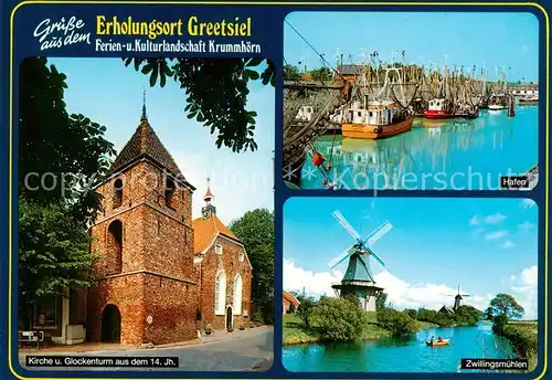 AK / Ansichtskarte Greetsiel Kirche und Glockenturm Kutterhafen Zwillingsmuehlen Greetsiel