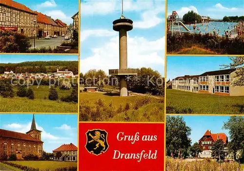 AK / Ansichtskarte Dransfeld Ortspartie Panorama Kirche Fernsehturm Schwimmbad Dransfeld