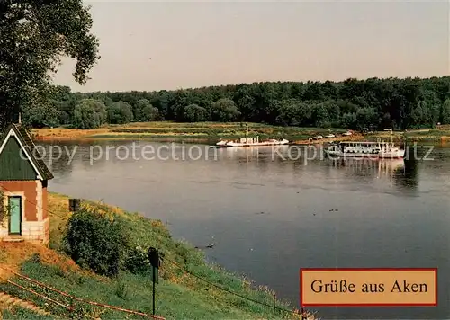 AK / Ansichtskarte Aken_Elbe Pegelhaeuschen Faehre MS Tourist Aken_Elbe