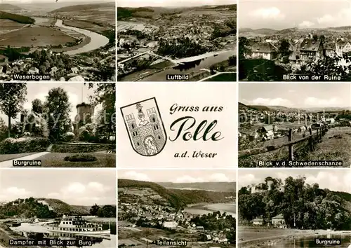 AK / Ansichtskarte 73839749 Polle_Oberweser Weserbogen Fliegeraufnahme Blick von der Ruine Burgruine Schwedenschanze Dampfer Teilansicht Polle_Oberweser