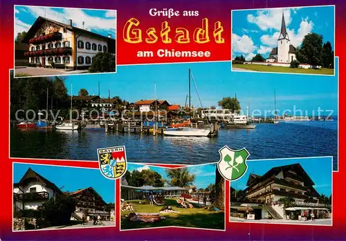 AK / Ansichtskarte Gstadt_Chiemsee Bootshafen Kirche Hotels Liegewiese Gstadt_Chiemsee