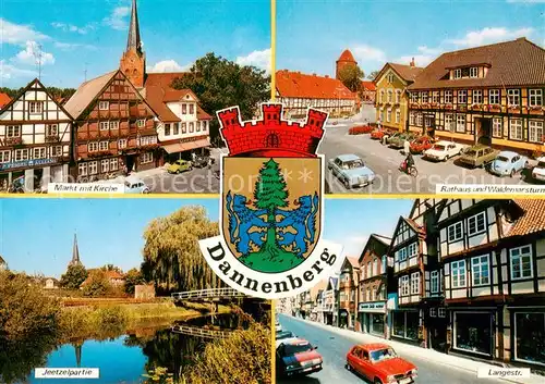 AK / Ansichtskarte Dannenberg_Elbe Markt mit Kirche Rathaus Waldemarsturm Jeetzel Langestrasse Wappen Dannenberg Elbe