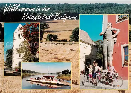 AK / Ansichtskarte Belgern_Elbe Bartholomaeuskirche Elbe mit Gierseilfaehre Roland Heidelandschaft Belgern Elbe