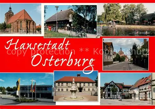 AK / Ansichtskarte 73840080 Osterburg_Altmark St Nikolaikirche Biesebad Poststrasse Landessportschule Rathaus und Neptunbrunnen Kleiner Markt Osterburg_Altmark